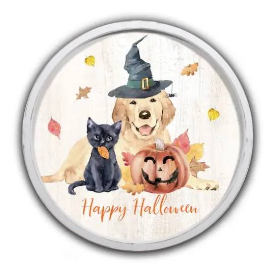 Halloween Watercolor Pets 20" x 20" Round White Framed Print {1}