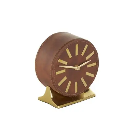 Faux Leather Round Decorative Clock with Rectangular Base Brown/Gold {3}