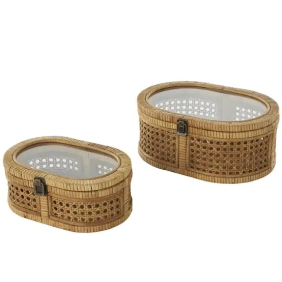 Brown Oval Rattan Storage Box Set with Pane Panels & Glass Tops {1}