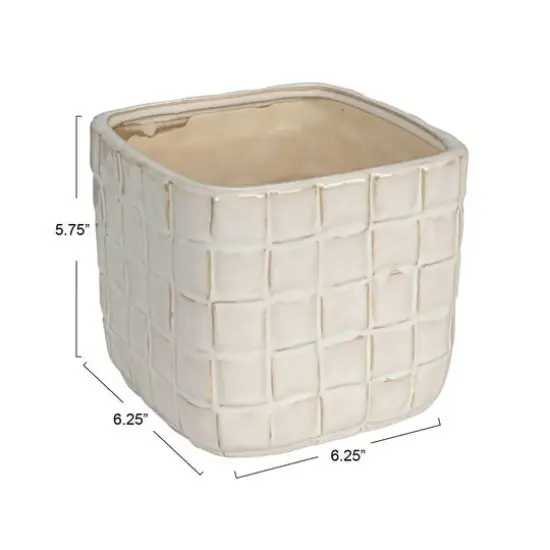 Hello Honey&reg; 6.25" White Debossed Woven Grid Patterned Stoneware Planter {5}