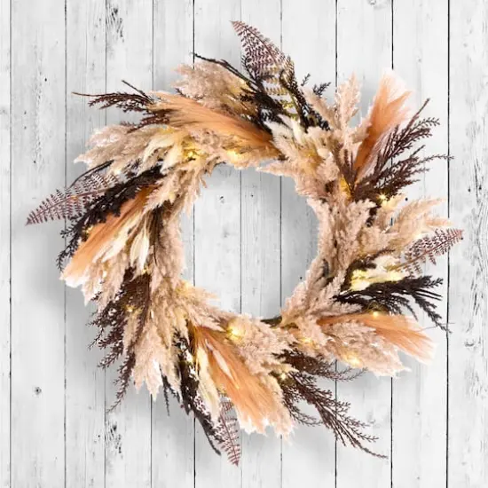 26" Coral Orange & Brown Pampas Pre-Lit LED Wreath {3}