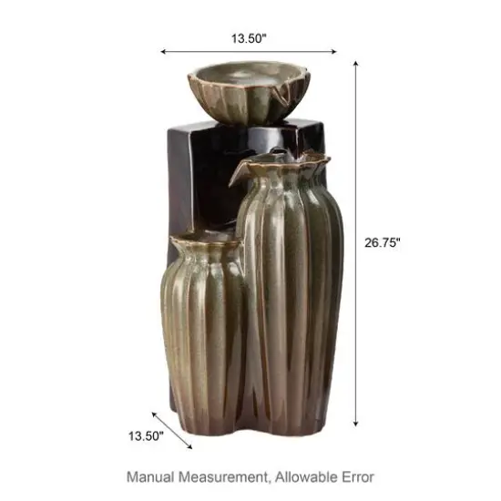 Glitzhome&reg; 26.75" 3-Tier LED Fluted Textured Ceramic Outdoor Floor Fountain Olive Green and Brown {9}