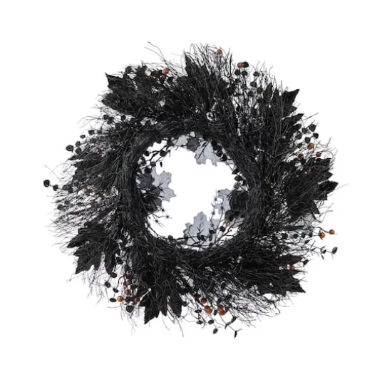 Glitzhome&reg; 24"D Halloween Black Rose, Skeleton and Berry Wreath with Hanger {8}