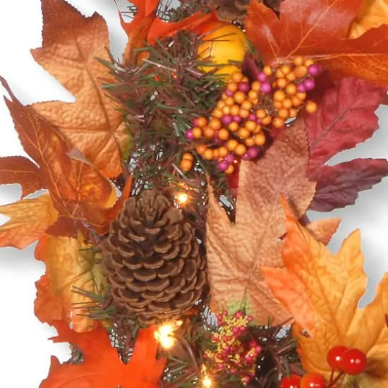 24" Harvest Maple Wreath with Berries, Cones, Guave and 35 Clear Lights {4}
