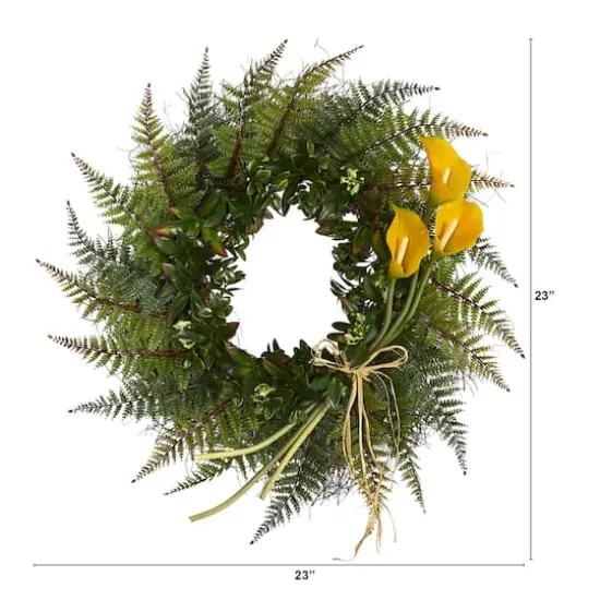 23" Fern & Calla Lily Wreath Yellow {3}