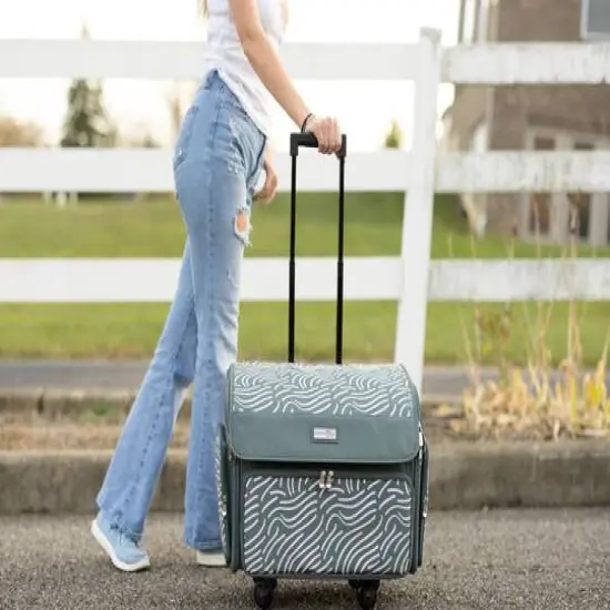 Everything Mary Gray & Pink Abstract 4 Wheel Collapsible Deluxe Sewing Machine Storage Case {6}