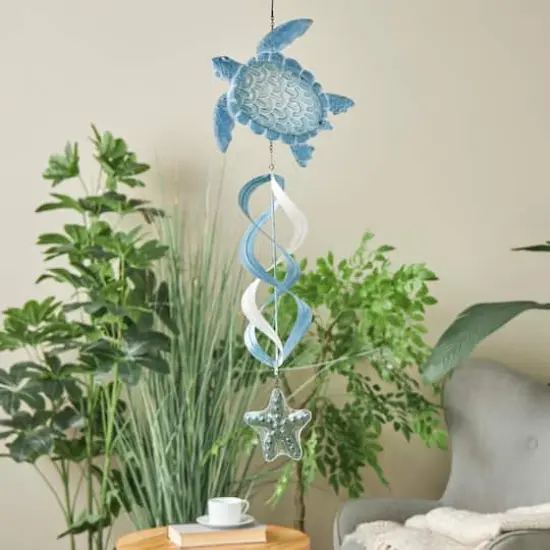33" Blue Swirl Wind Spinner Metal Turtle & Starfish Windchime {3}