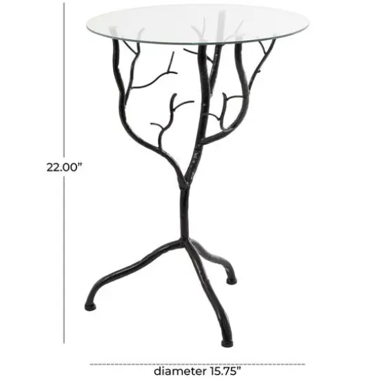 22" Metal Branch Accent Table with Glass Top Black {6}