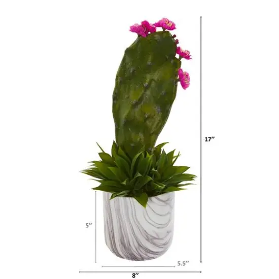 17" Cactus & Agave Succulent Plant in Marble Planter {3}