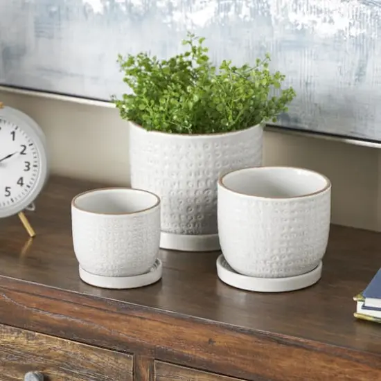 White Abstract Circle Pattern Ceramic Planter Set {3}