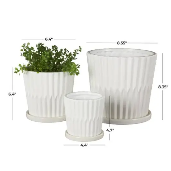 White Double Ribbed Textured Ceramic Planter Set {8}