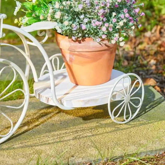 Glitzhome&reg; 18" White Metal Tricycle Planter Stand with Solid Wood Tray {8}