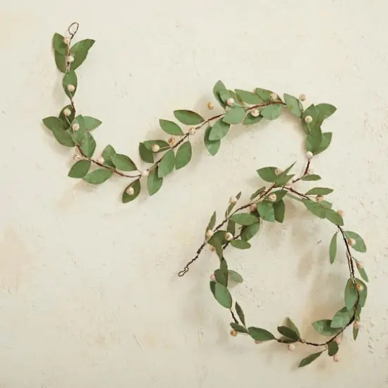 Hello Honey® 6ft. Green & Antique Pink Painted Metal Leaf & Berry Garland {3}