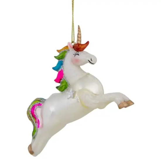 White Unicorn with Rainbow Mane Glittered Christmas Glass Ornament {6}