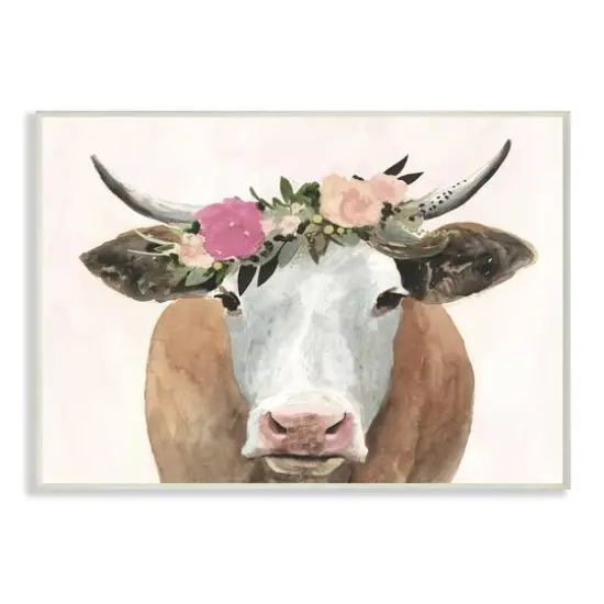 Stupell Industries Springtime Flower Crown Farm Cow with Horns Wall Plaque {1}