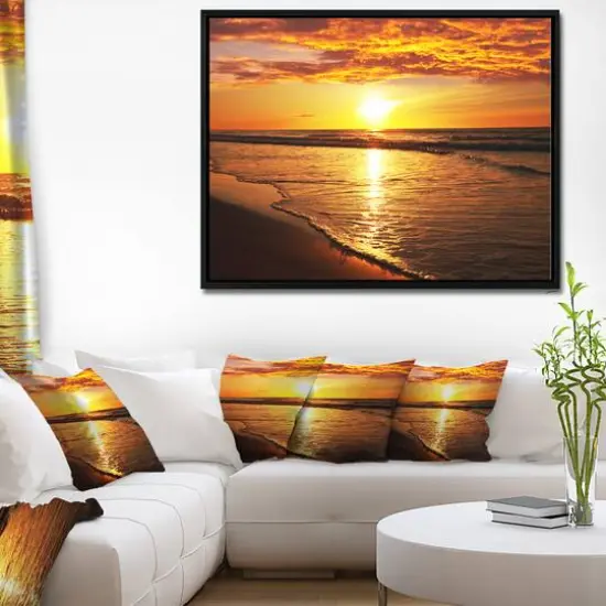 Designart - Bright Yellow Sunset over Waves - Modern Beach Canvas Art Print in Black Frame {5}