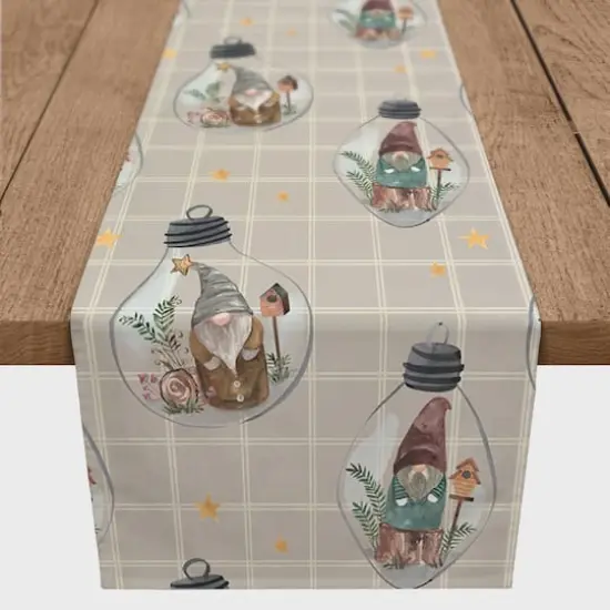 90" Gray & White Check Gnome Globe Pattern Cotton Twill Runner {1}