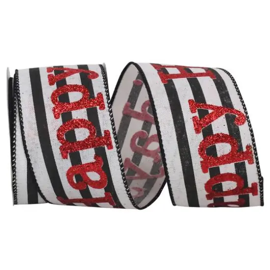 JAM Paper 2.5" x 10yd. White & Black Happy Holiday Glitter Stripes Wired Ribbon {1}
