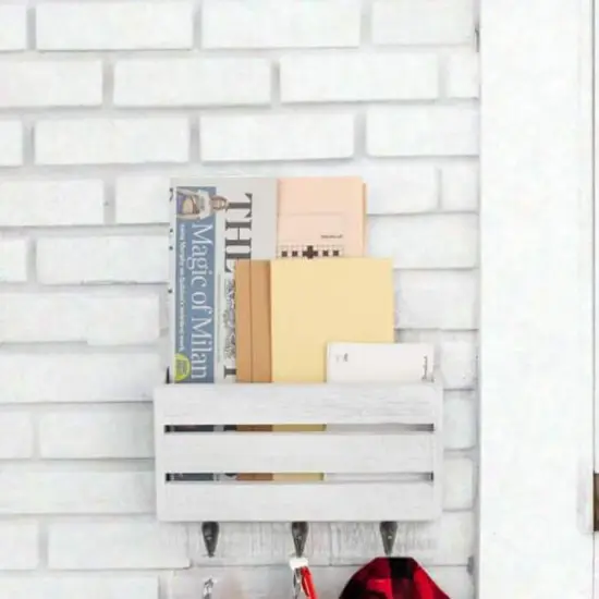 NEX&trade; 10" Rustic White Gray Wood Wall-Mounted Mail & Key Holder Organizer with 3 Key Hooks {6}