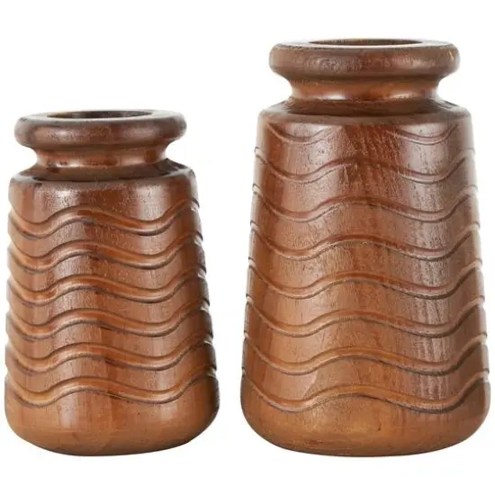 Brown Wood Vase with Carved Wavy Design Set {7}