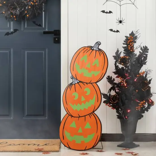 Glitzhome&reg; Halloween Wooden Skeleton Cat and Stacked Pumpkin Porch Decor Set {7}