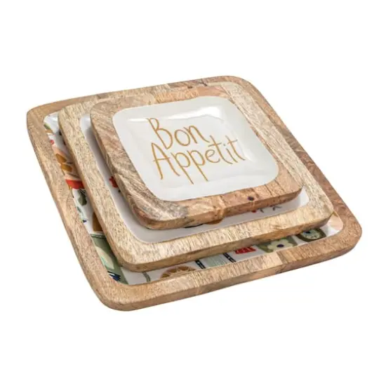 Hello Honey&reg; Bon Apetit Enameled Mango Wood Tray Set {4}