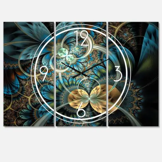 Designart Symmetrical Blue Gold Fractal Flower Multipanel Wall Clock {1}