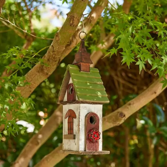 Glitzhome&reg; 15.75" White & Green Distressed Wood Birdhouse {5}