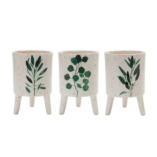 6" Footed Green Foliage Print Dolomite Planter Set {1}