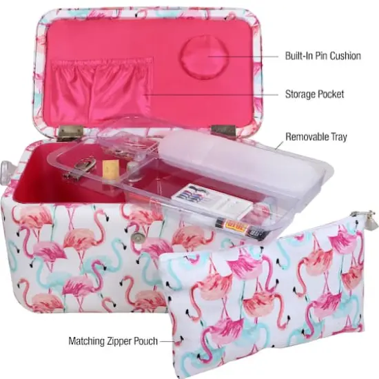 SINGER&reg; Large Flamingo Print Sewing Basket with Matching Pouch Sew Kit {3}