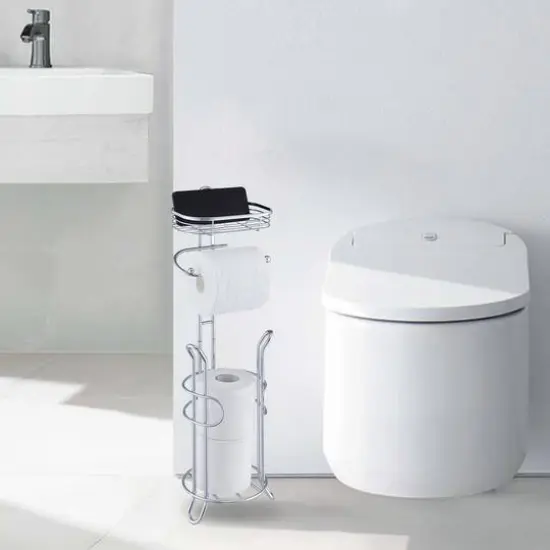 SunnyPoint 26" Chrome Bathroom Toilet Tissue Paper Roll Storage Holder Stand with Reserve & Shelf {6}