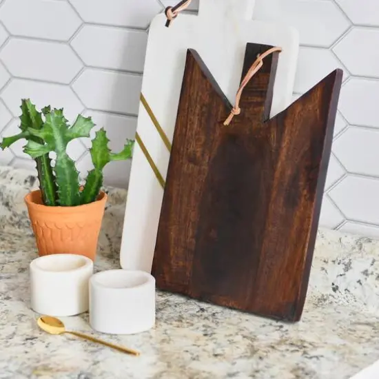 Hello Honey&reg; 12" Walnut Geometric Wood Cutting Board with Leather Tie {3}