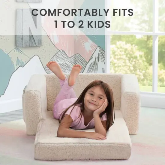 Delta Children 23" Cozee Flip Out Sherpa 2 in 1 Convertible Sofa to Lounger for Kids Cream {5}
