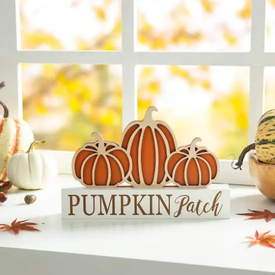 Glitzhome&reg; 11.75" Fall Wood Pumpkin Patch Table Sign {3}