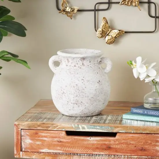 10" Cream Ceramic Textured Vase with Handles {9}
