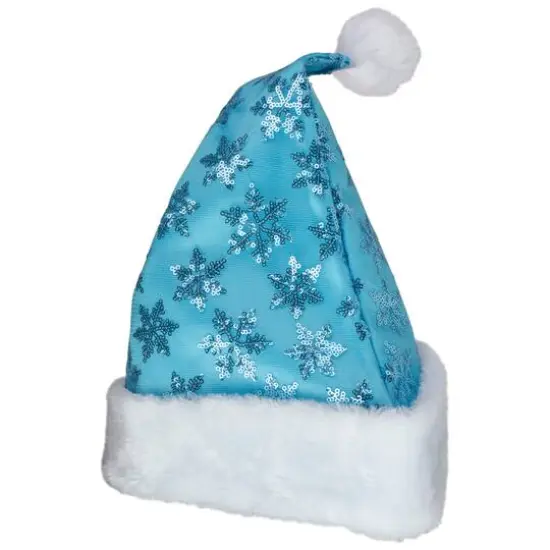 14" Adult Medium Sequin Snowflake Santa Hat, Blue {4}