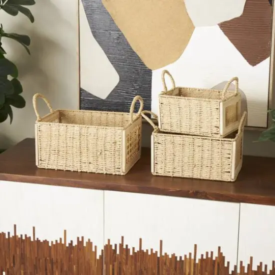 Brown Rattan Woven Decorative Storage Basket with Rope Handles, 3ct. {9}