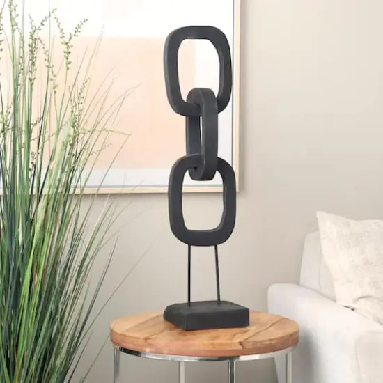 32" Black Teak Wood 3-Link Chain Sculpture with Stand {9}