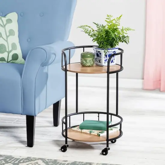 Honey Can Do Black & Natural 2-Tier Round Side Table with Wheels {3}