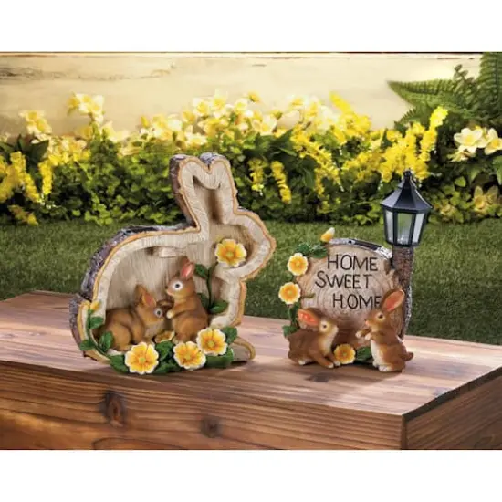9.75" Solar Home Sweet Home Bunnies Statue {3}