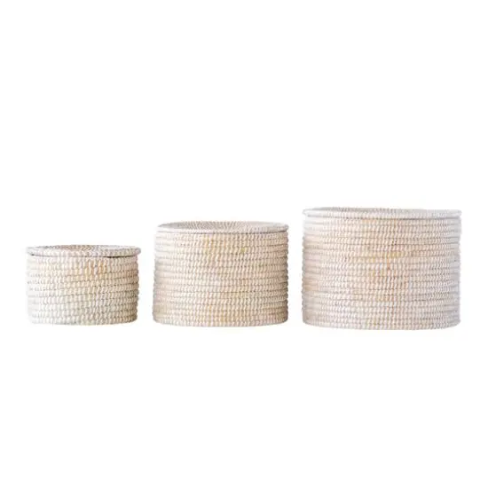 Hello Honey&reg; Whitewashed Woven Seagrass Baskets with Lids Set {4}