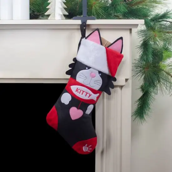 19.5" Black & Red Embroidered Kitty Cat Christmas Stocking {3}