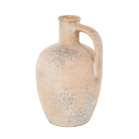 11" Beige Antique-Style Distressed Ceramic Vase with Handle {7}