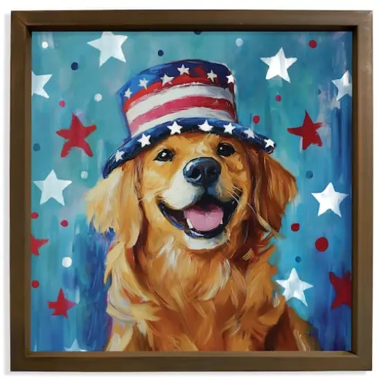 16" x 16" Patriotic Golden Retriever Framed Print Brown Frame {1}
