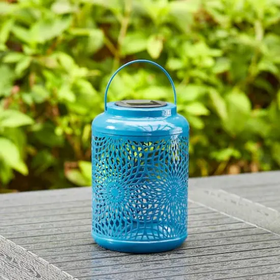 Glitzhome&reg; 9" Cutout Metal Solar Powered Outdoor Hanging Lantern Blue {5}