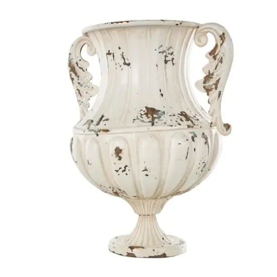 15.25" Cream Metal Vintage Amphora Vase with Brown & Teal Distressing {4}