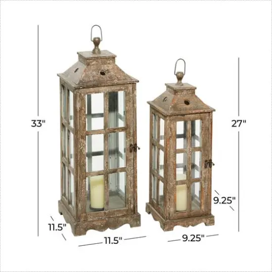 Set of 2" Brown Wood Rustic Lantern, 33", 27" {7}