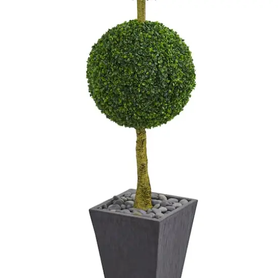 6ft. UV Resistant Artificial Boxwood Triple Ball Topiary Tree in Slate Planter {4}