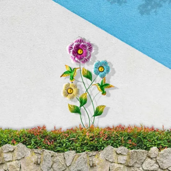 Glitzhome&reg; 34" Flowers & Hummingbirds Garden Stake {4}