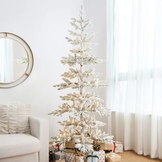 7ft. Pre-Lit Deluxe Flocked Pine Artificial Christmas Tree, Warm White LED Lights {4}